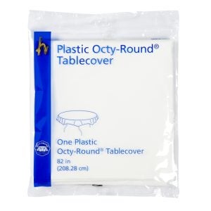 Plastic Tablecover, Round, White, 82" | Packaged