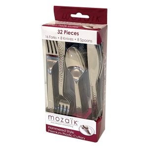 Silver Hammered Style Plastic Cutlery Kit | Packaged