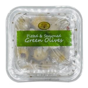 Pitted & Seasoned Green Olives | Packaged