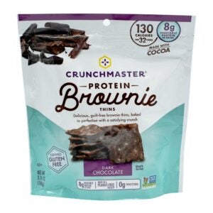 Dark Chocolate Protein Brownie Thins | Packaged