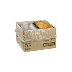 52 oz. Medium Foil Pan with Lid, Black & Gold | Packaged