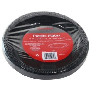 10.25″ Black Plastic Plates | Packaged