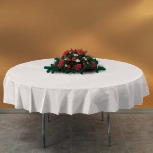Plastic Tablecover, Round, White, 82″ | Styled
