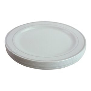 PLATE PLAS 6″ WHITE W/SILVER RIM | Packaged