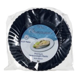 10.25″ Black Plastic Plates | Packaged